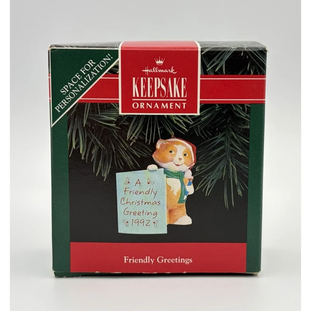 1992 Hallmark Keepsake Ornament Friendly Greetings Cat Card Pen QX504-1 Vintage